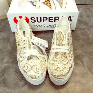Superga Gold and White Lace Platform Sneakers